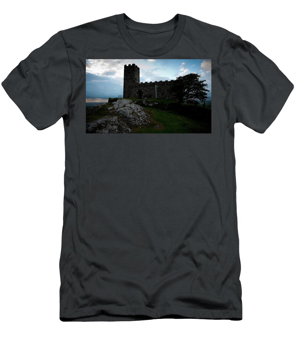 Dartmoor T-Shirt featuring the photograph Brentor Church at Sunset by Helen Jackson