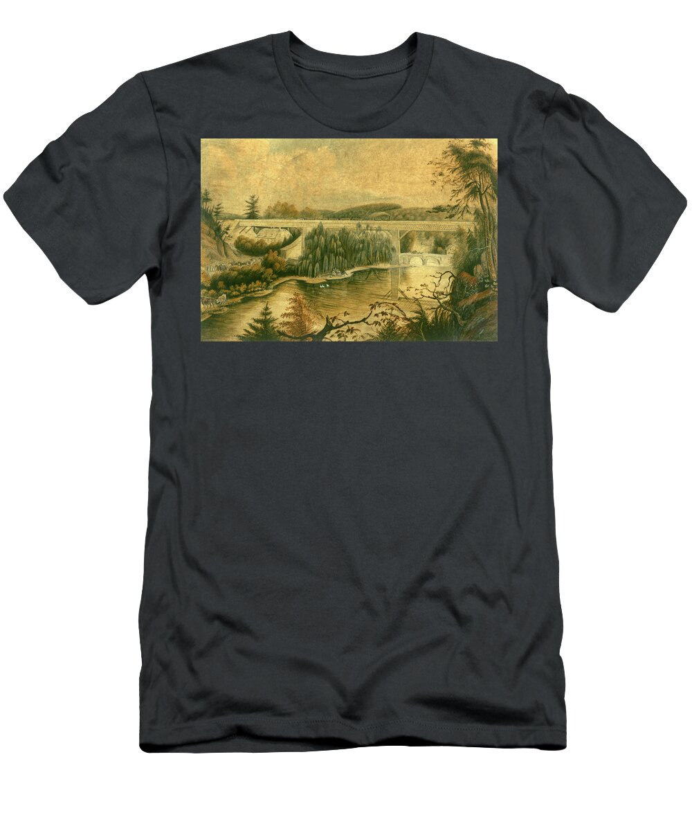 Bridge T-Shirt featuring the drawing Bridge over the Wissahickon Creek, about 1835 by William Breton
