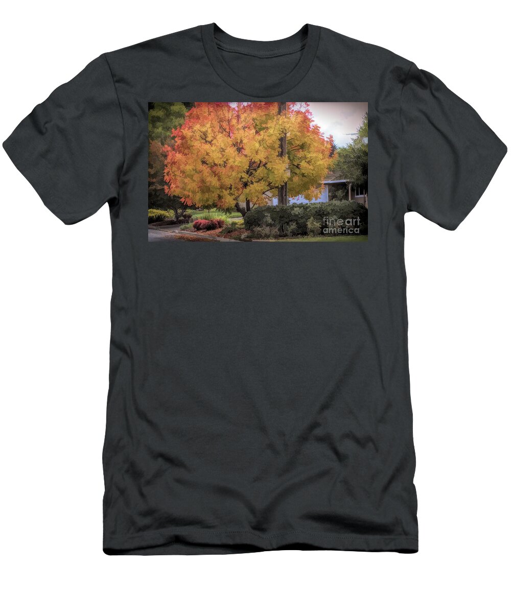 Autumn T-Shirt featuring the digital art Brilliant Fall Color Tree Yellows Oranges Seasons by Chuck Kuhn