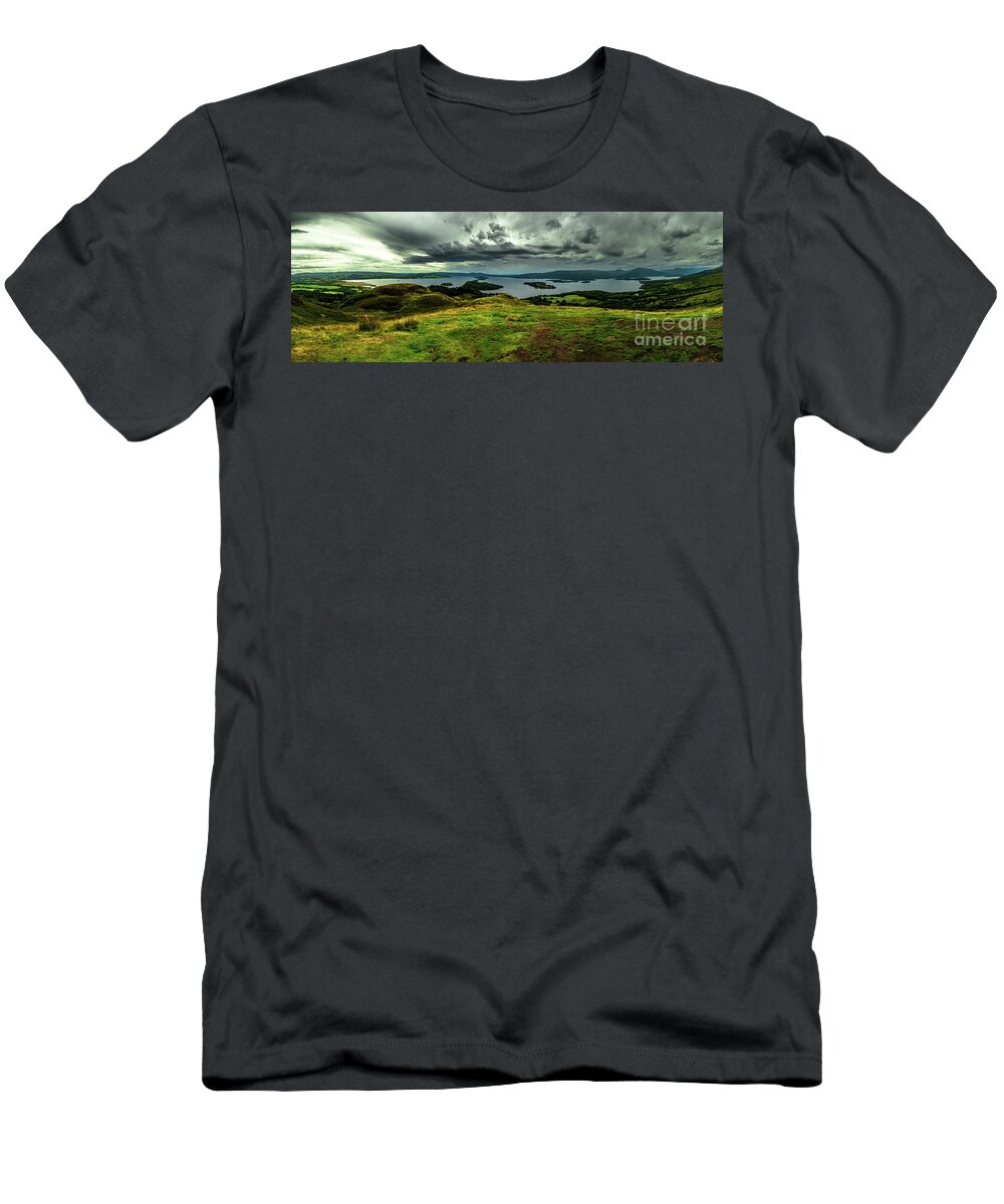 Adventure T-Shirt featuring the photograph Calm Water And Green Meadows At Loch Lomond In Scotland by Andreas Berthold