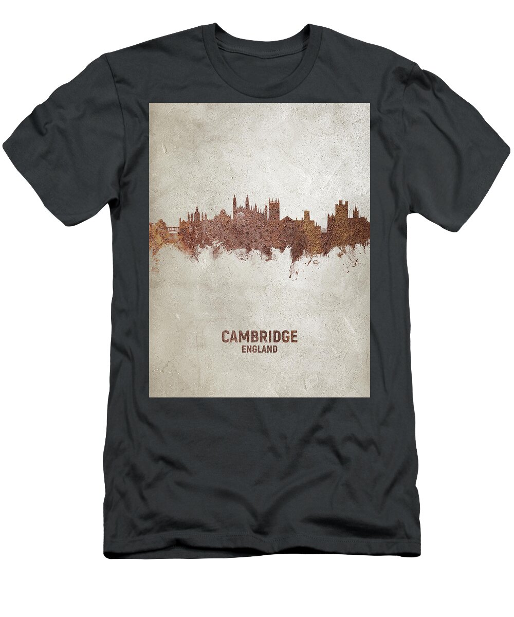 Cambridge T-Shirt featuring the digital art Cambridge England Rust Skyline by Michael Tompsett