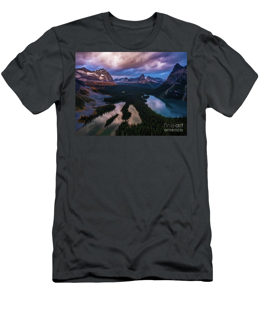 Lake O'hara T-Shirt featuring the photograph Canadian Rockies Opabin Plateau Dramatic Skies by Mike Reid