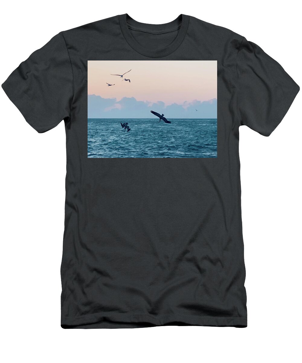 Birds T-Shirt featuring the photograph Captiva Island Sunset Seagulls Feast 4 by Shelly Tschupp