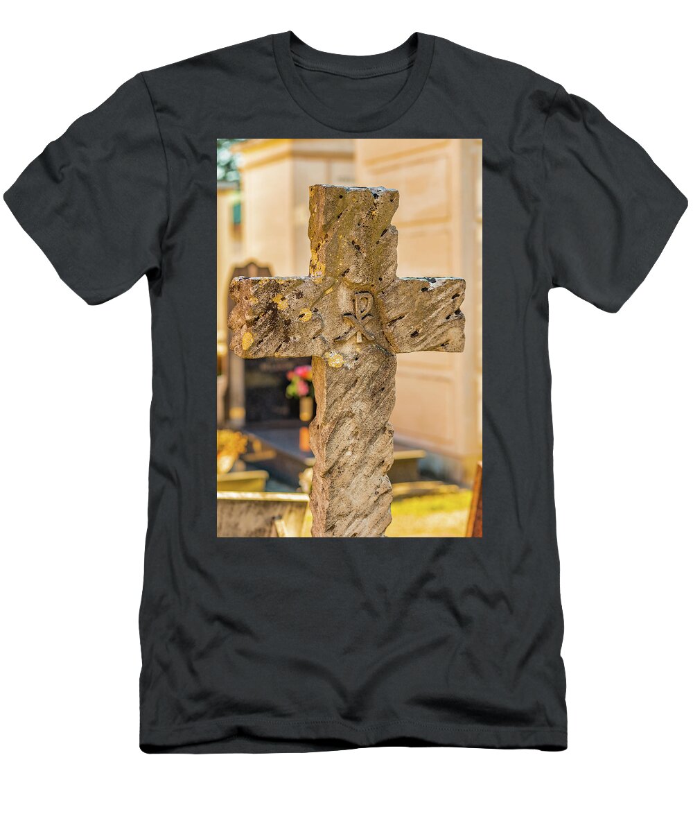 Cross T-Shirt featuring the photograph carved stone Cross by Vivida Photo PC