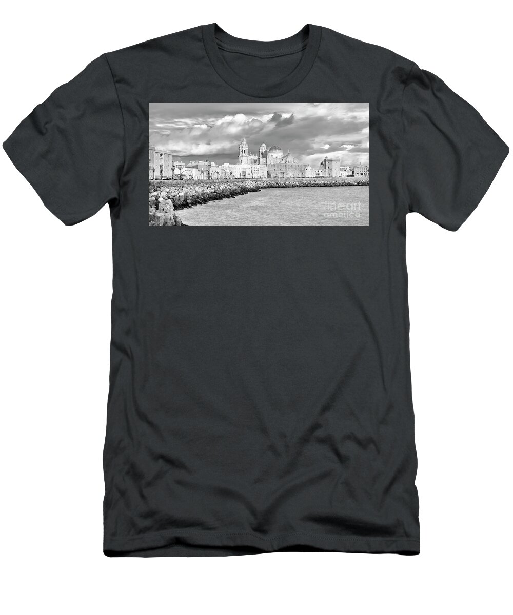 Landscape T-Shirt featuring the photograph Cathedral from Southern Field Cadiz Spain Black and White by Pablo Avanzini
