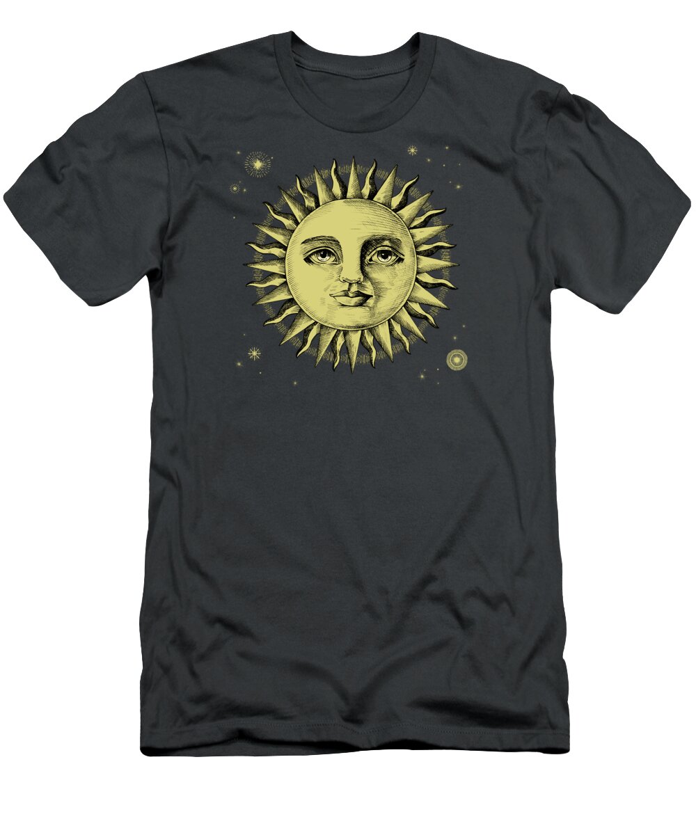  T-Shirt featuring the painting Celestial Antique Sun And Sky Watercolor Batik by Little Bunny Sunshine