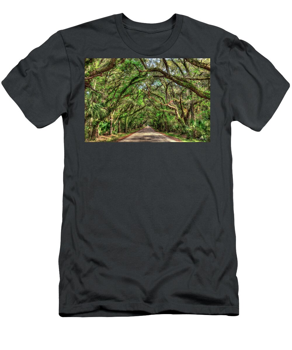 Reid Callaway Charleston Sc Images T-Shirt featuring the photograph Charleston S C Tunnel Vision On Edisto Island Botany Bay Road South Carolina L by Reid Callaway