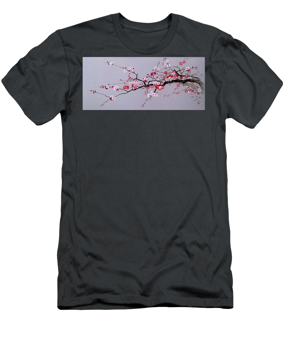 Russian Artists New Wave T-Shirt featuring the painting Cherry Branch with Pink, White and Red Flowers by Alina Oseeva