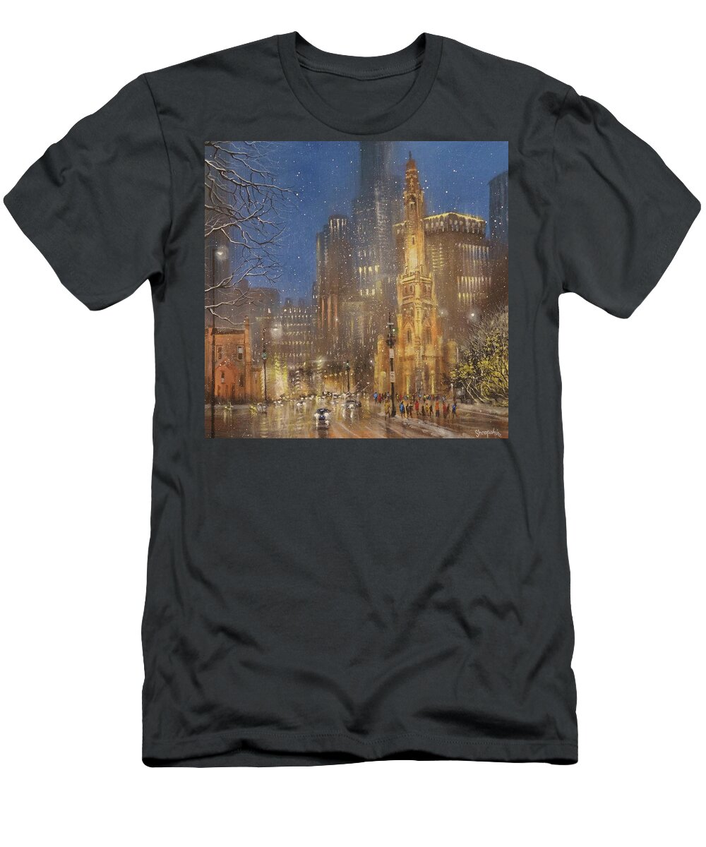 Snow Scene T-Shirt featuring the painting Chicago Water Tower by Tom Shropshire