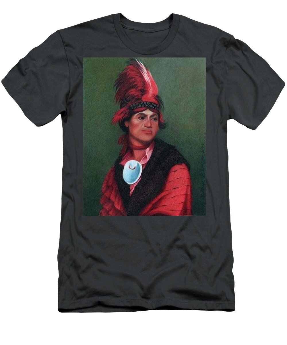 Chief Joseph Brant. Native American Portrait. American Indian Portrait. Feather Plume Headdress. Abalone Shell Necklace. Red Ruffled Shirt. Native American Chief. Mohawk Chief T-Shirt featuring the painting Chief Joseph Brant by Valerie Evans