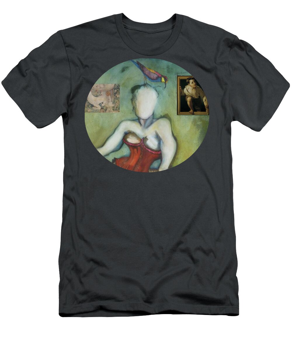 Burlesque T-Shirt featuring the painting Chin Chin With an Imaginary Bird on Her Head by Carolyn Weltman