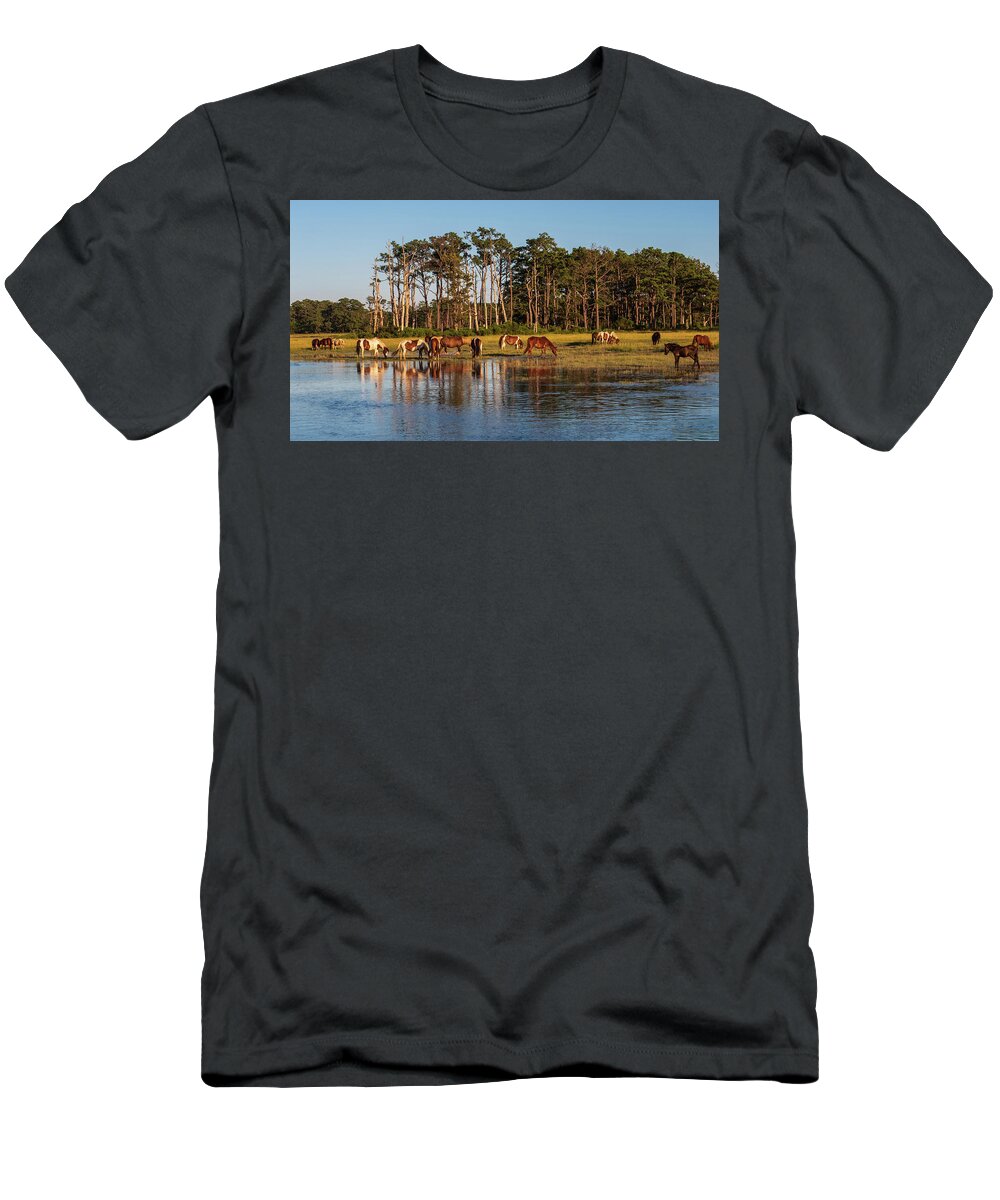 Grass T-Shirt featuring the photograph chincoteague Island ponies by Louis Dallara