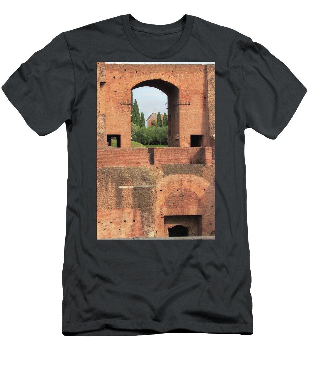 Rome T-Shirt featuring the photograph Church of San Bonaventura Palatino Viewed through Archway of Domitians Palace in Rome Italy by Angela Rath
