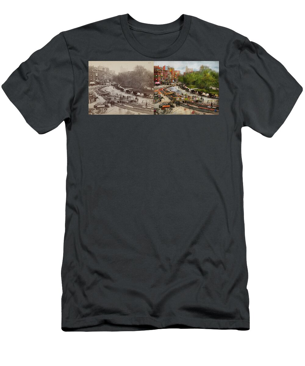 Union Sq T-Shirt featuring the photograph City - New York - Laying the track 1891 - Side by Side by Mike Savad