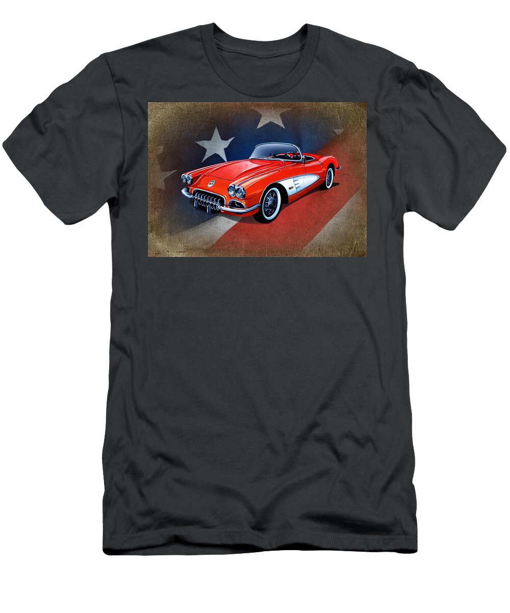 Art T-Shirt featuring the mixed media Classic Red Corvette C1 by Simon Read