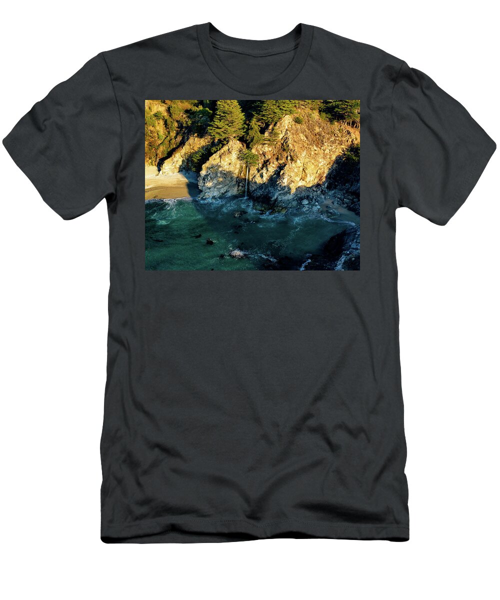 Steve Bunch T-Shirt featuring the photograph Coastal McWay Falls in Big Sur California by Steve Bunch