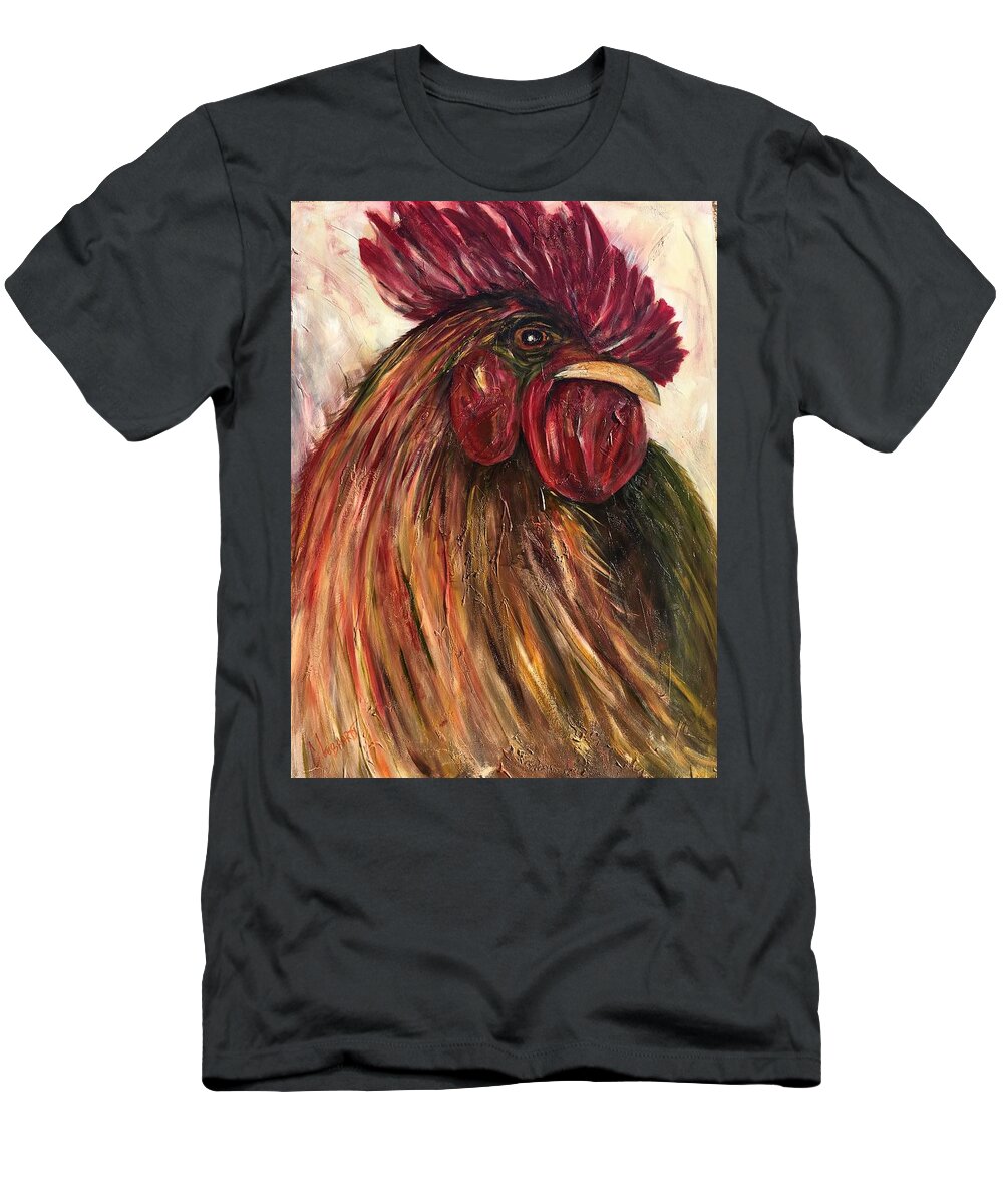 Rooster Portrait T-Shirt featuring the painting Cock of the walk by Chuck Gebhardt