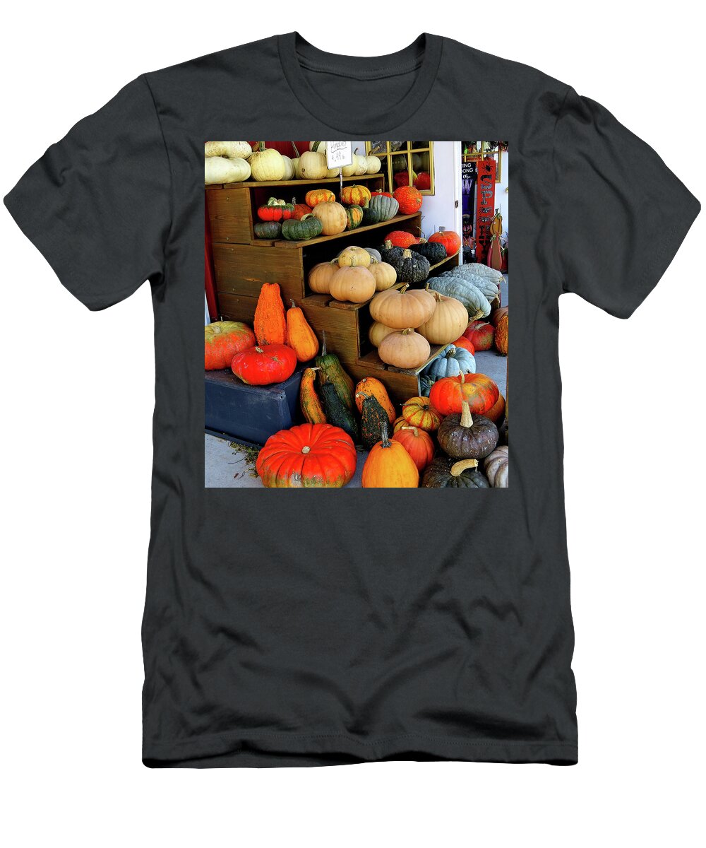 Farmer's Market Display T-Shirt featuring the photograph Colorful Gourds and Squash on Display by Linda Stern