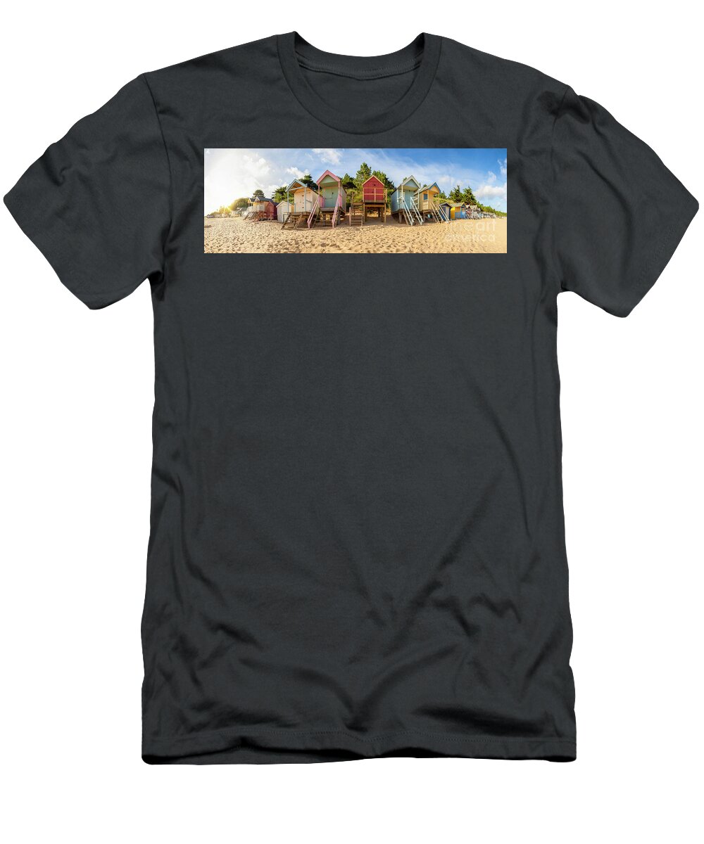Beach Huts T-Shirt featuring the photograph Norfolk England beach huts sunrise panoramic view by Simon Bratt