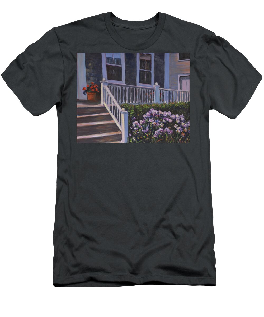 Provincetown T-Shirt featuring the painting Commercial St Porch by Beth Riso