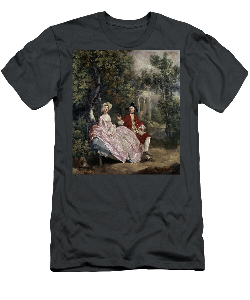 Thomas Gainsborough T-Shirt featuring the painting 'Conversation in a Park', 1745, Oil on canvas, 73 x 68 cm. by Thomas Gainsborough -1727-1788-