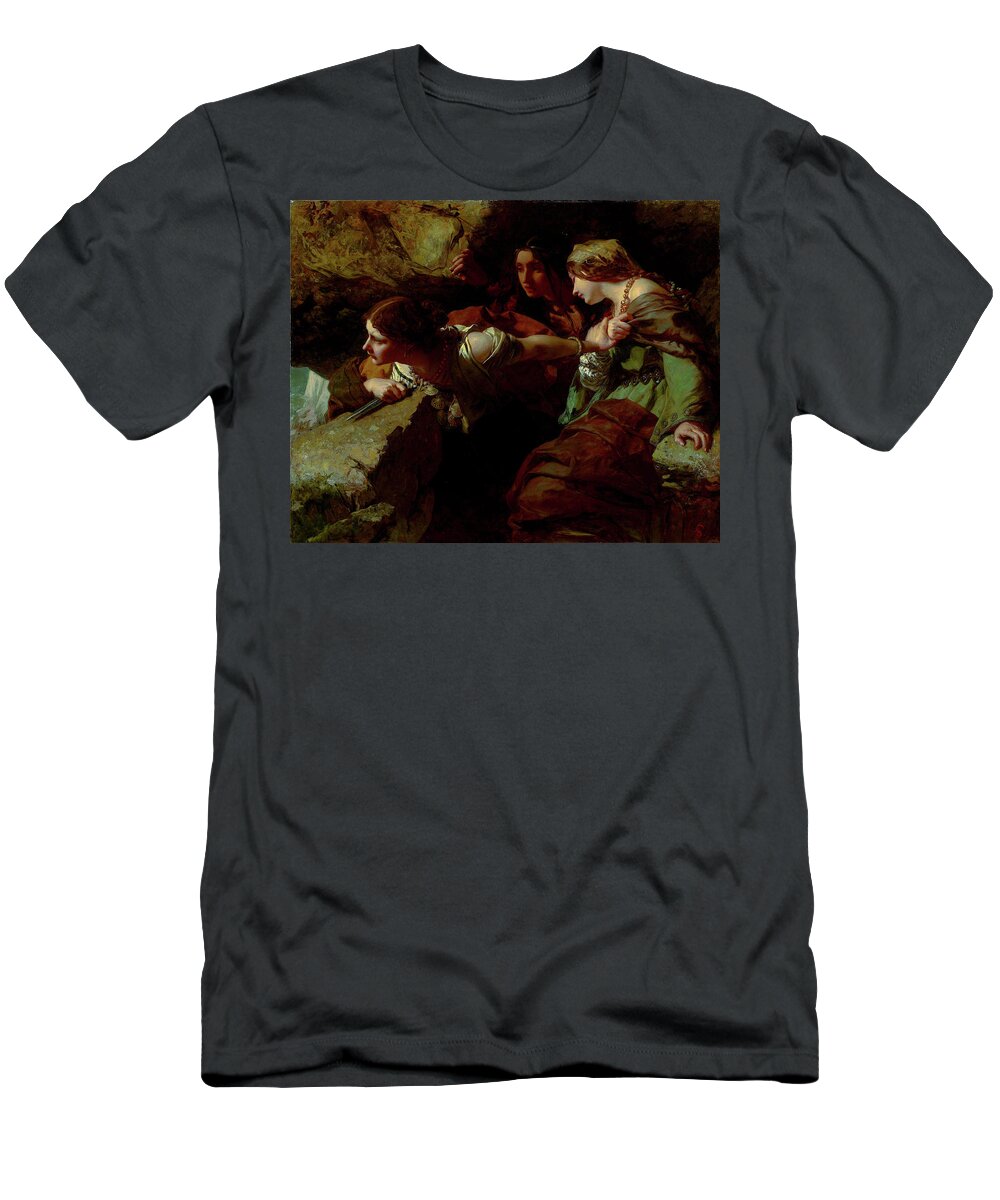 James Sant T-Shirt featuring the painting Courage Anxiety and Despair - Watching the Battle by James Sant