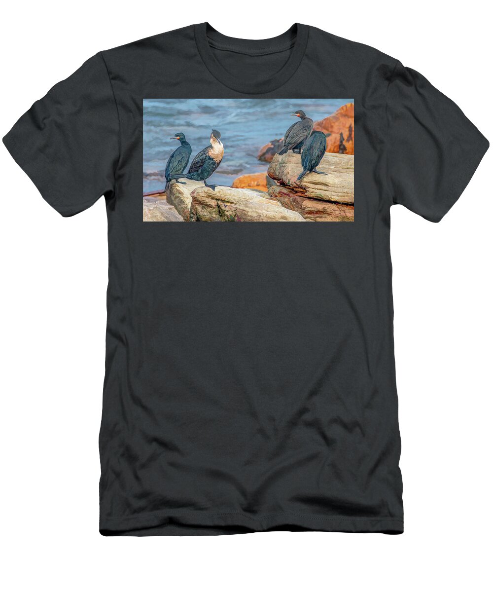 Cormorants T-Shirt featuring the photograph Crazy Cormorants of South Africa by Marcy Wielfaert