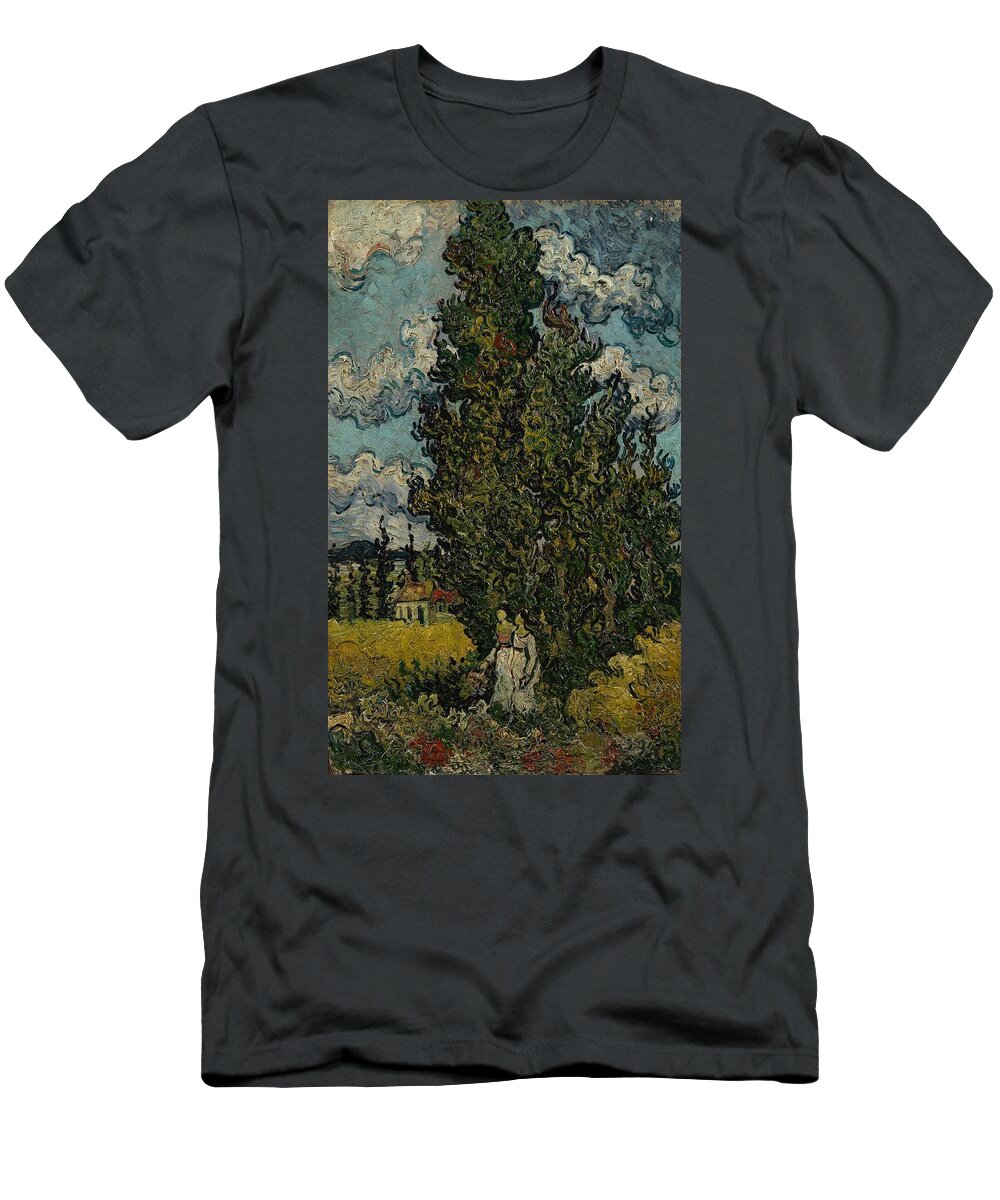 Oil On Canvas T-Shirt featuring the painting Cypresses and Two Women. by Vincent van Gogh -1853-1890-