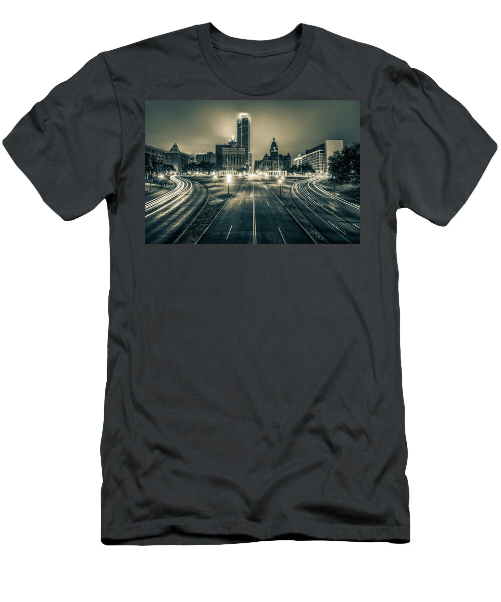 America T-Shirt featuring the photograph Dallas Texas Dealey Plaza Skyline in Sepia by Gregory Ballos