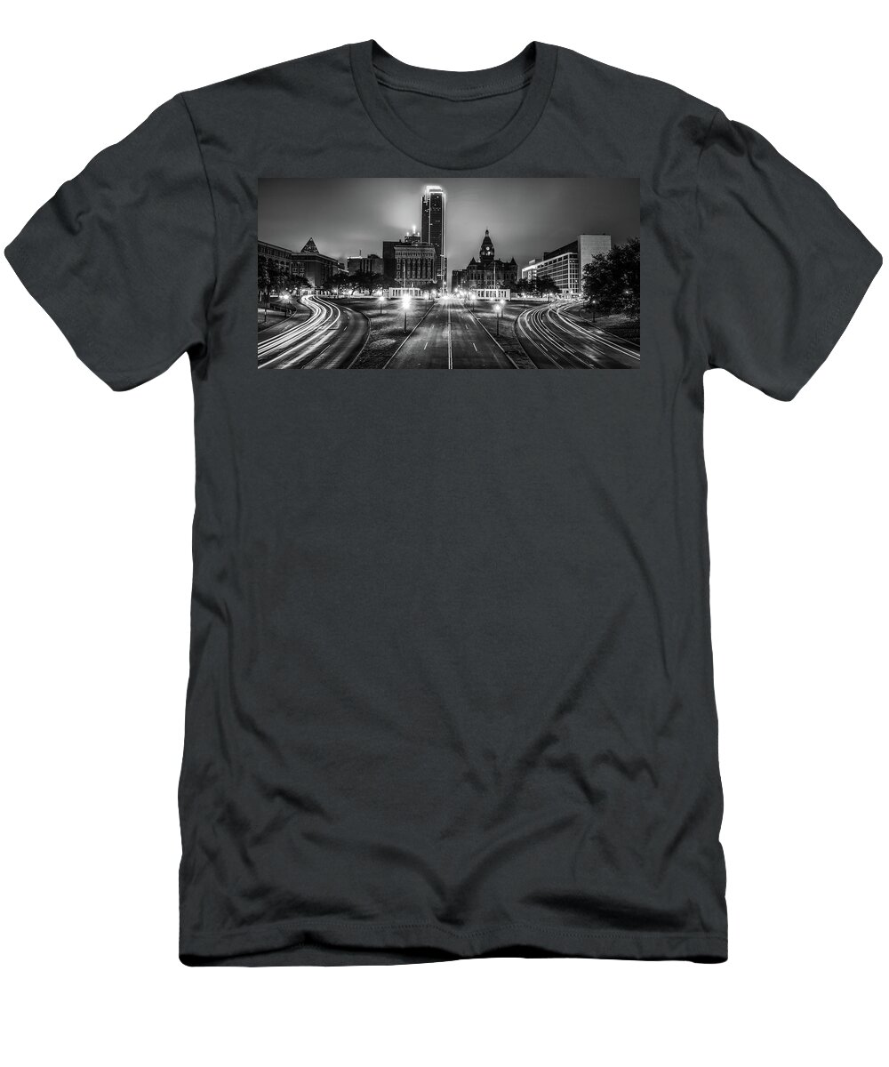 America T-Shirt featuring the photograph Dallas Texas Dealey Plaza Skyline Panoramic - Black and White by Gregory Ballos