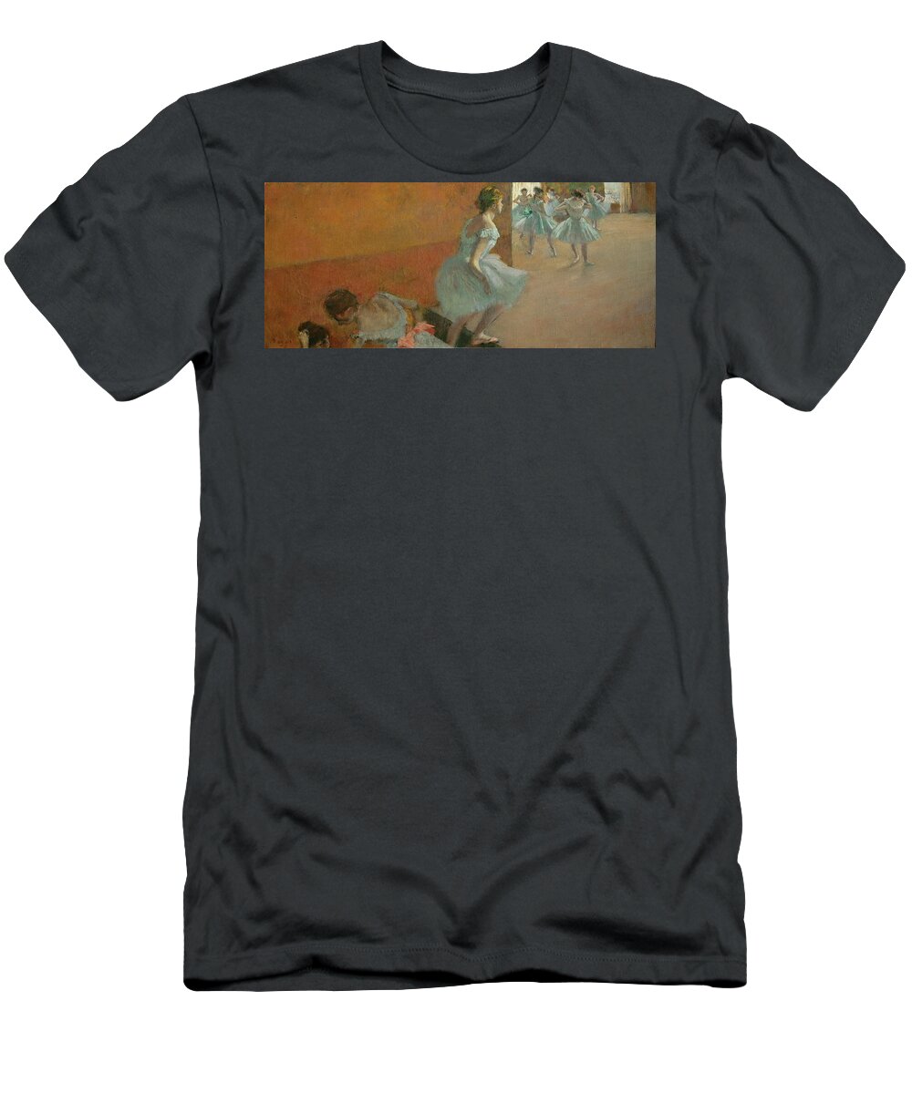 Edgar Degas T-Shirt featuring the painting Danseuses montant un escalier-dancers mounting a staircase, around 1886-1888. by Edgar Degas -1834-1917-