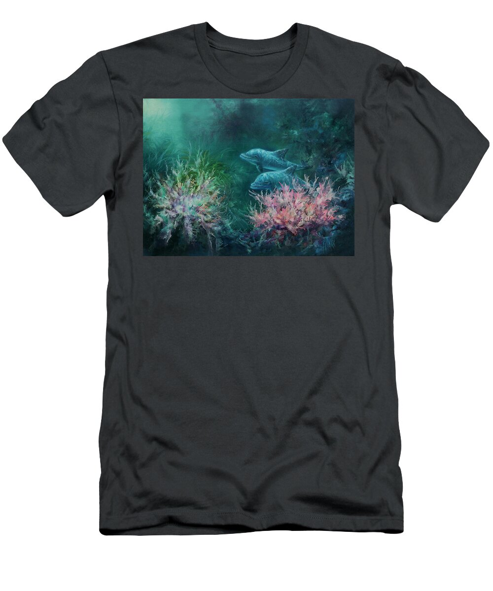 Dolphins T-Shirt featuring the painting Deep Sea Dolphins by Lynne Pittard