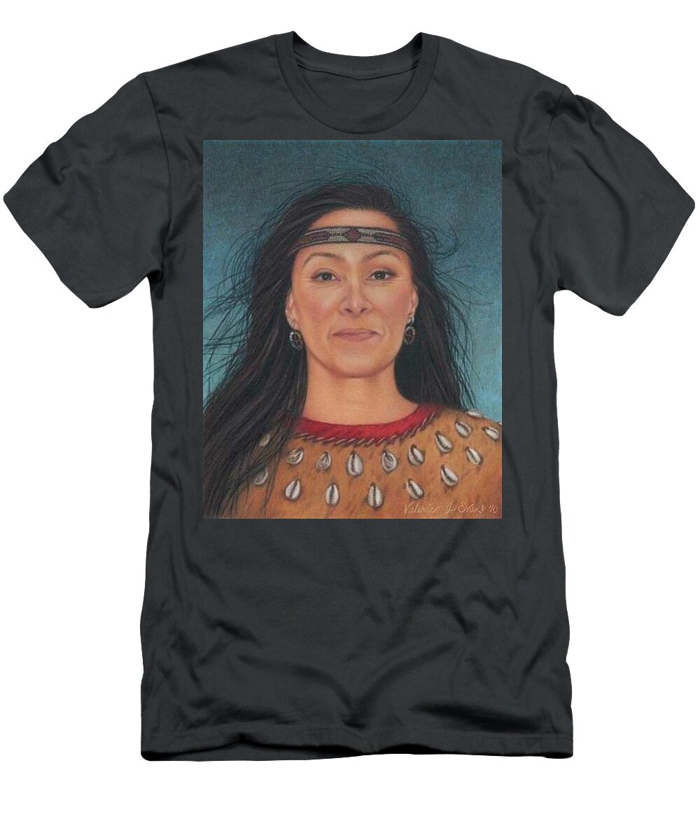 Native American Portrait. American Indian Portrait. Face. Long Dark Hair. Native Indian Dress. Four Directions Earrings. Beaded Headband. Artist Self-portrait T-Shirt featuring the painting Delaware Woman by Valerie Evans