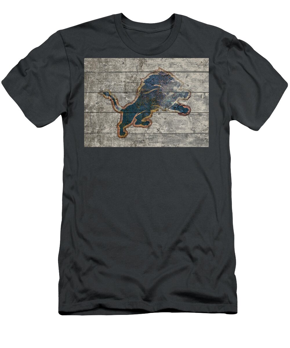 Detroit Lions T-Shirt featuring the mixed media Detroit Lions Logo Vintage Barn Wood Paint by Design Turnpike