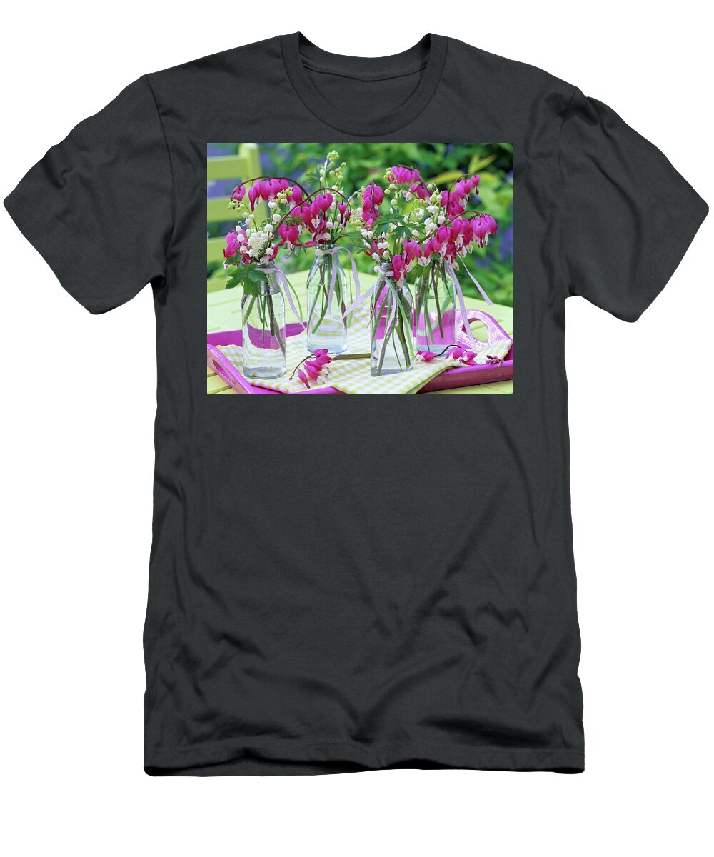 Ip_12138120 T-Shirt featuring the photograph Dicentra, Convallaria In Glass Bottles by Friedrich Strauss