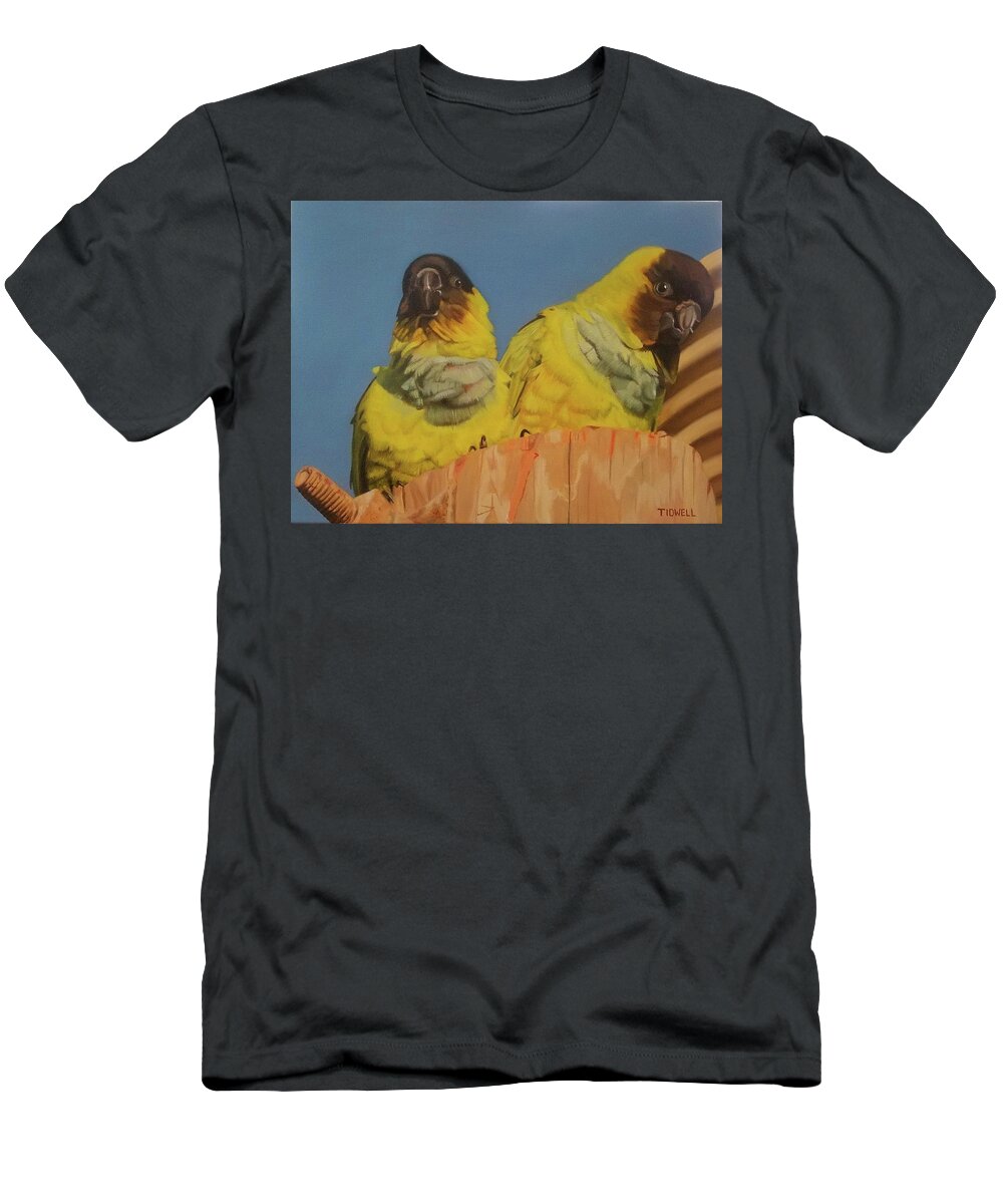 Parrots T-Shirt featuring the painting Dinner for Two Parrots by Deborah Tidwell Artist