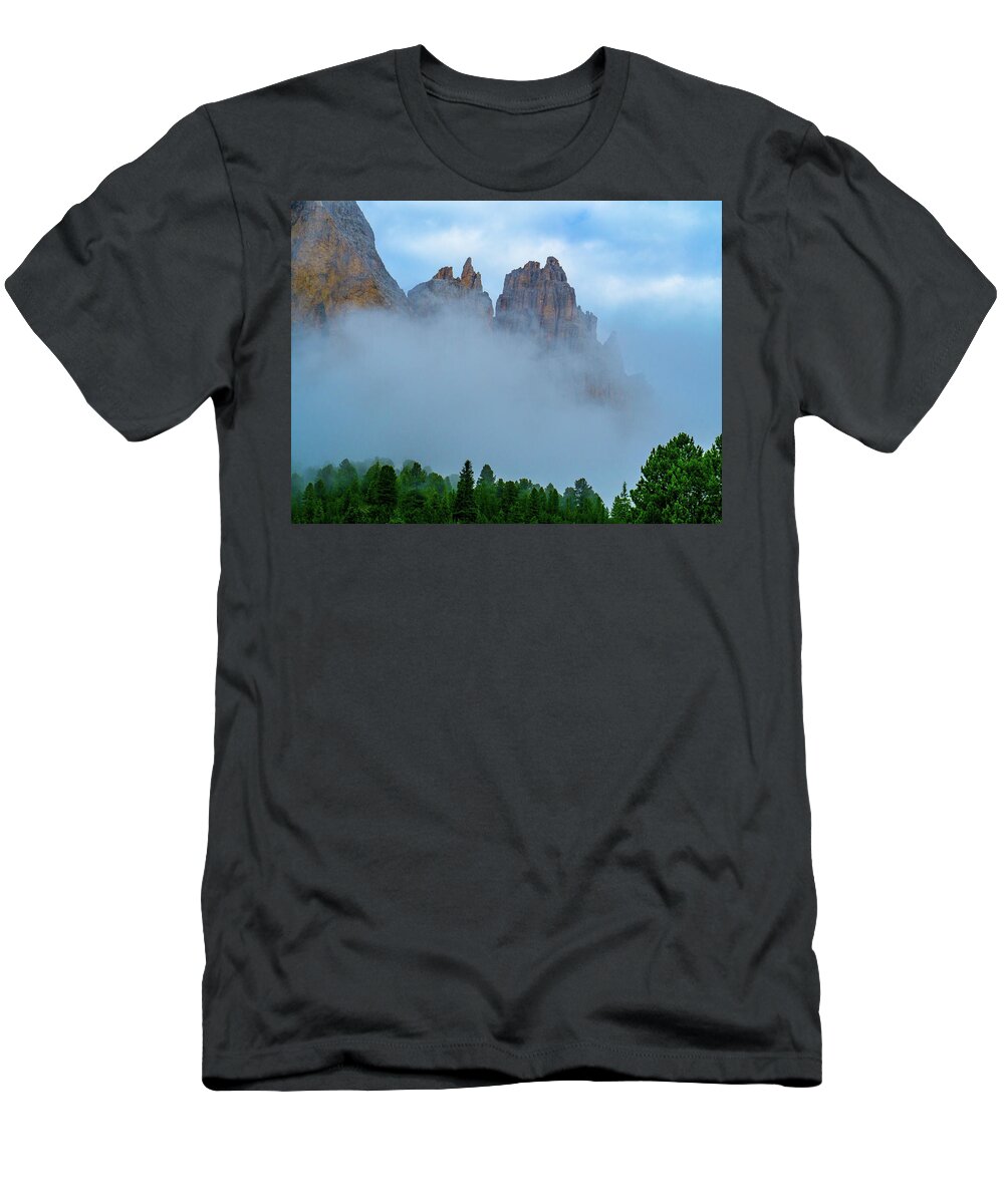 Mountains T-Shirt featuring the photograph Dolomite Spires in the morning mist by Leslie Struxness