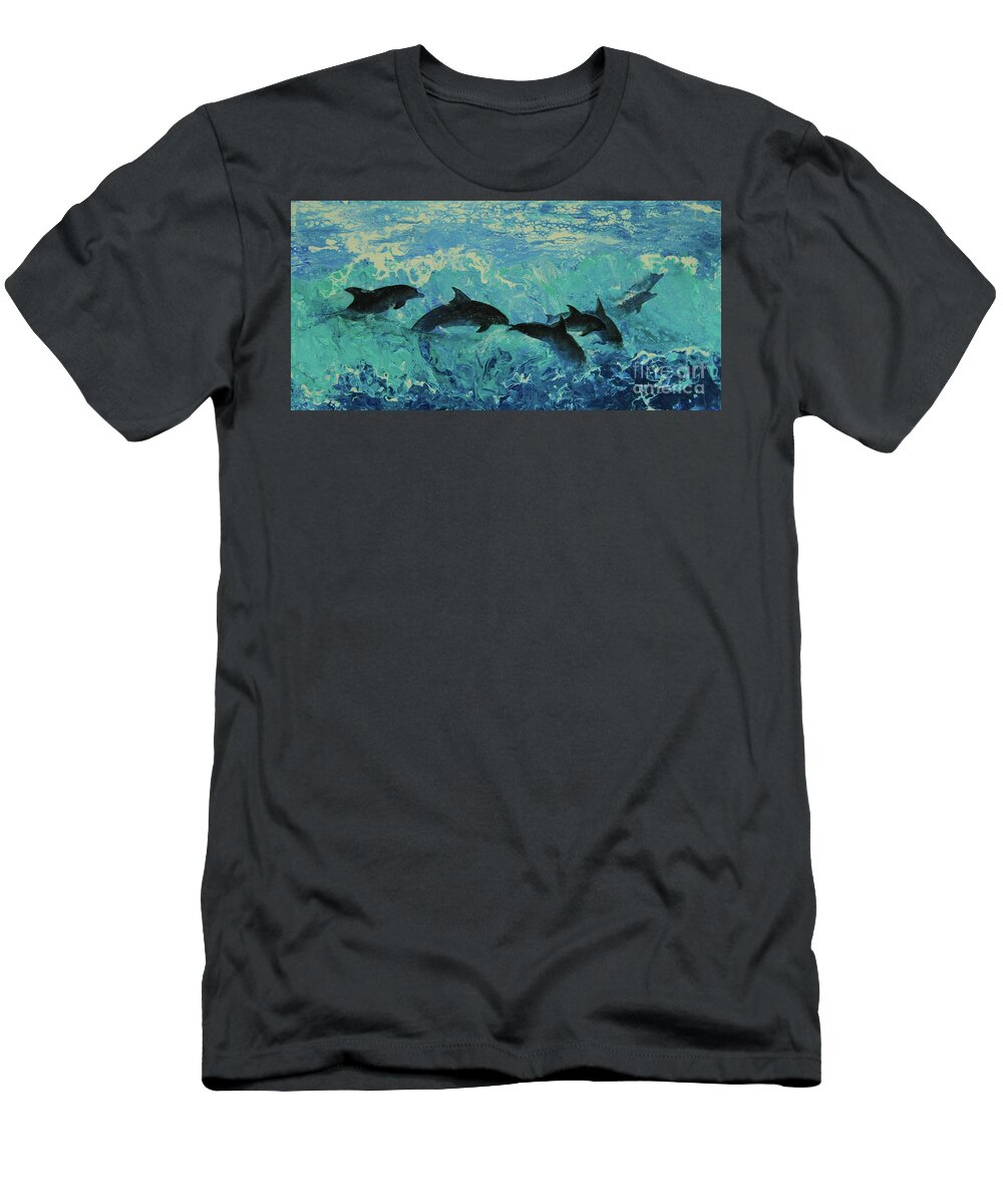 Painting T-Shirt featuring the painting Dolphins Surf by Jeanette French