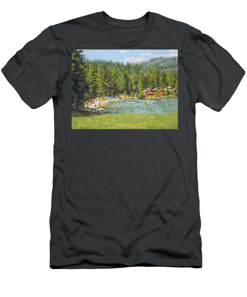 Donner T-Shirt featuring the painting Donner Lake Beach by Kerima Swain