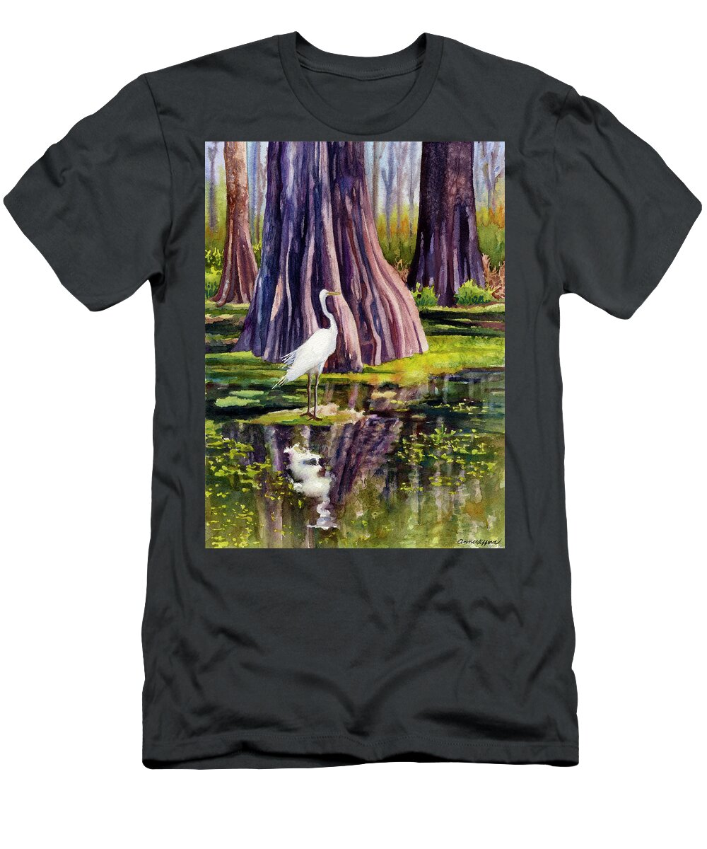 Egret Painting T-Shirt featuring the painting Down in the Swamplands by Anne Gifford