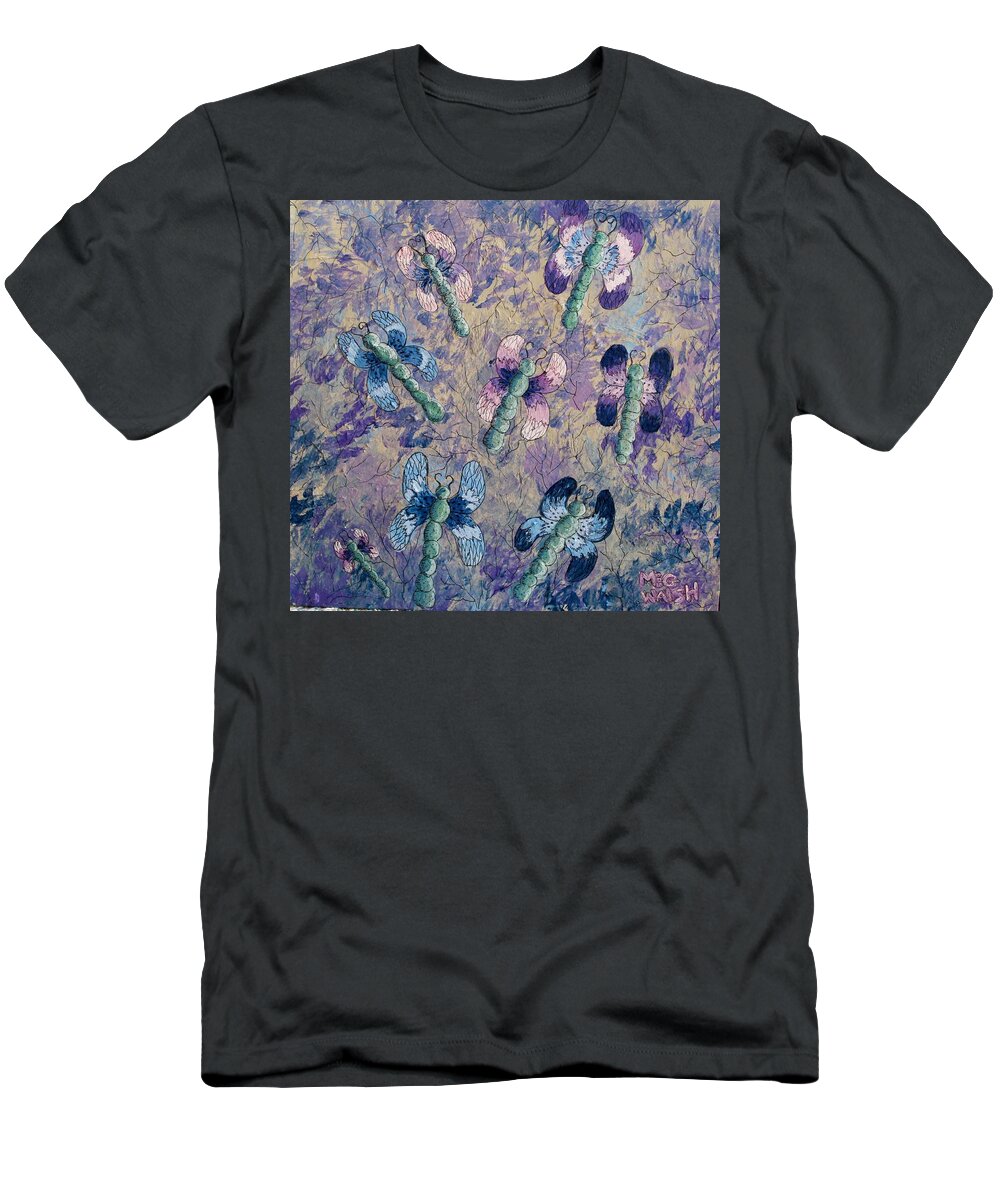 Dragonflies T-Shirt featuring the painting Dragons in indigo and lavender by Megan Walsh