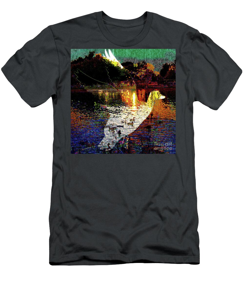 Duckpond T-Shirt featuring the painting Duckpond at Dusk.flight over lake by Bonnie Marie