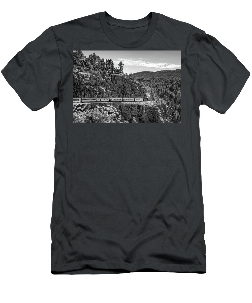 Durango Railroad T-Shirt featuring the photograph Durango Silverton Railroad Train Crossing the High Line - Monochrome by Gregory Ballos
