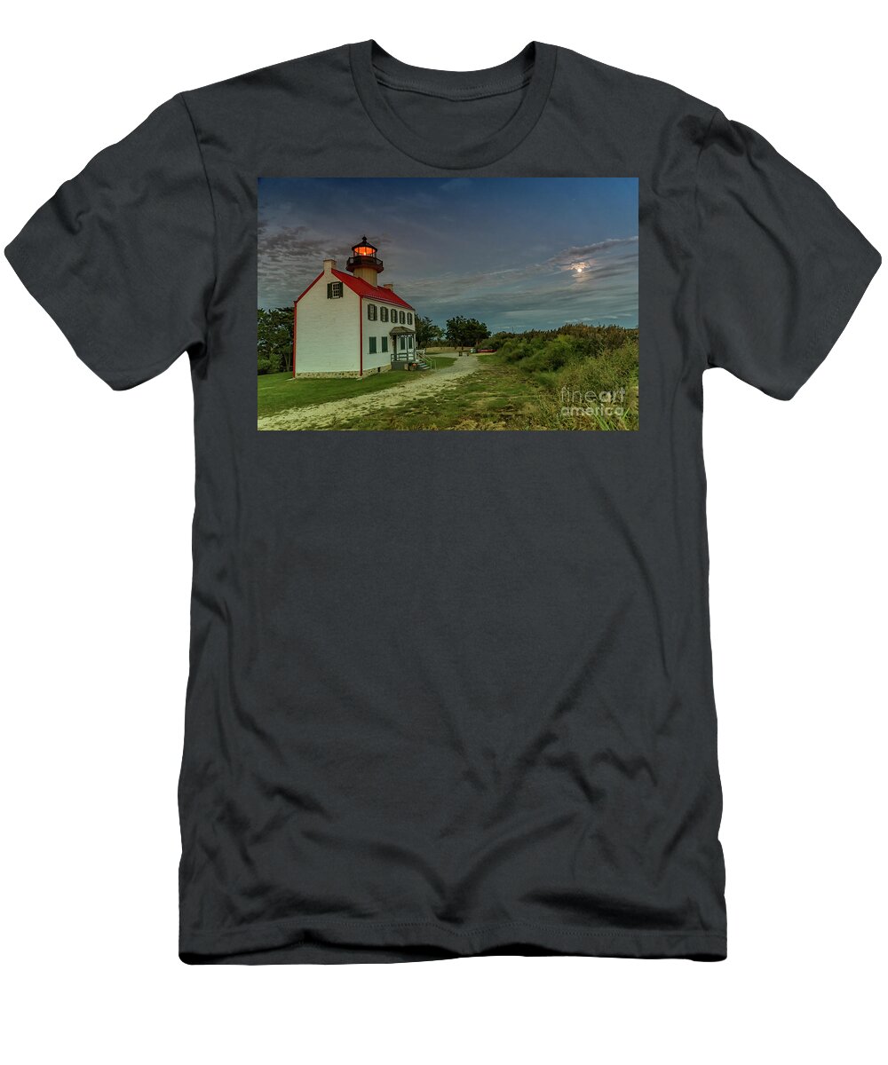 Night T-Shirt featuring the photograph East Point Lighthouse in Moonlight by Debra Fedchin