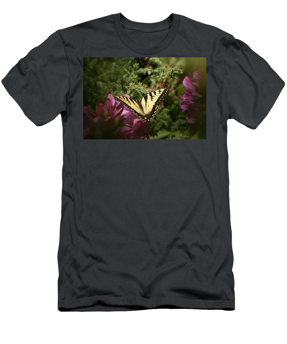 Eastern Tiger Swallowtail T-Shirt featuring the photograph Eastern Tiger Swallowtail on rhododendron by Jeff Folger