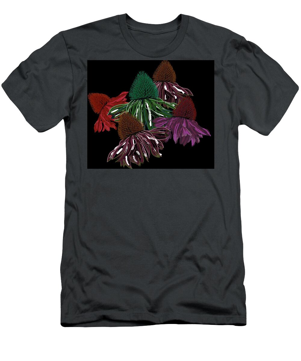Echinacea Flower T-Shirt featuring the drawing Echinacea Flowers With Black by Joan Stratton