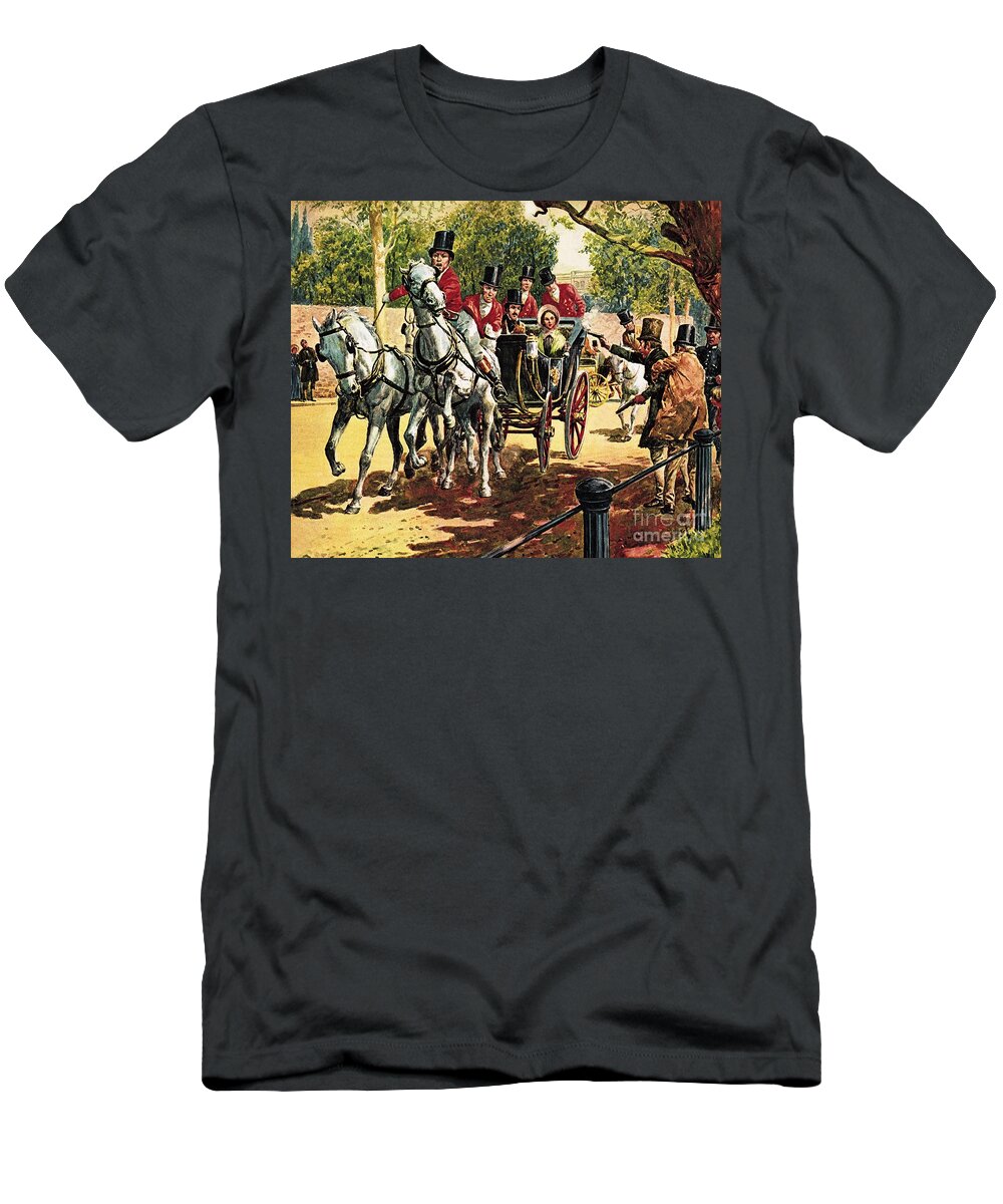 Edward Oxford Attempts To Assassinate Queen Victoria And Prince Albert Lucknow T-Shirt featuring the painting Edward Oxford Attempts To Assassinate Queen Victoria And Prince Albert by Cl Doughty