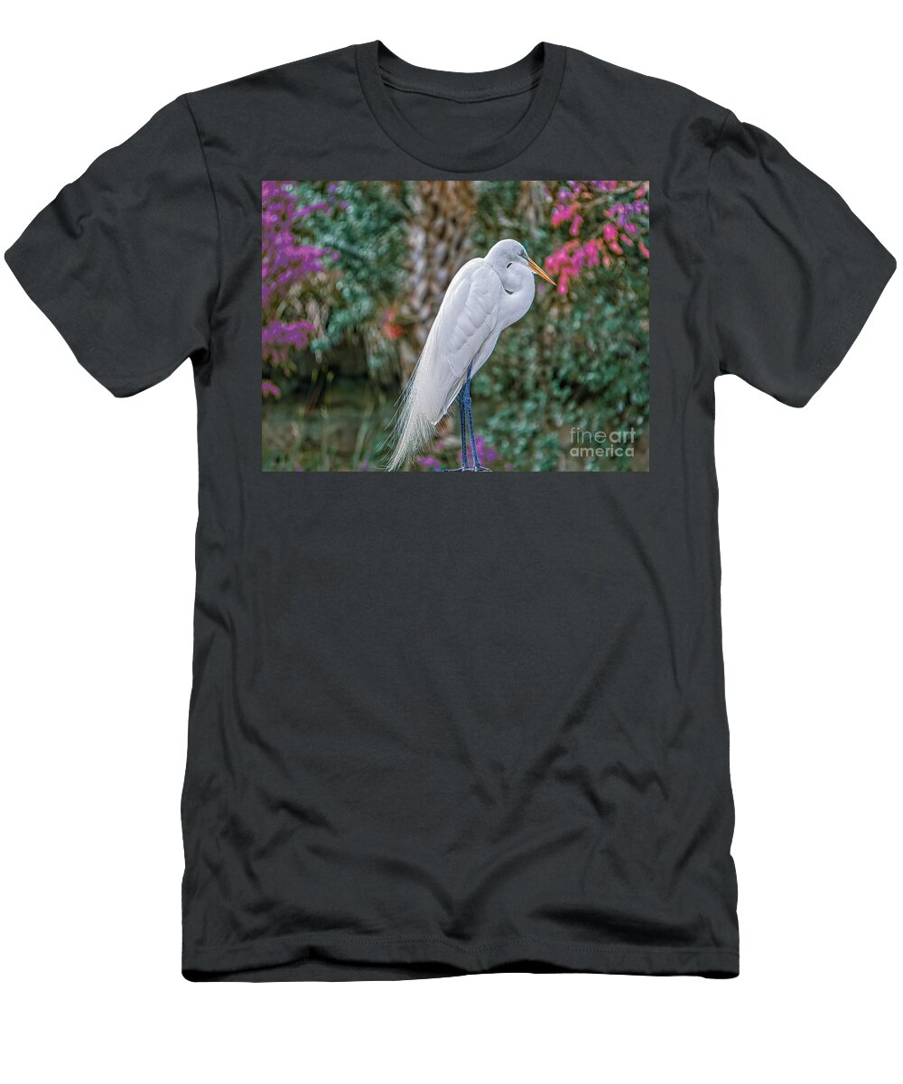 Egret T-Shirt featuring the photograph Egret among Flowers by Judy Kay