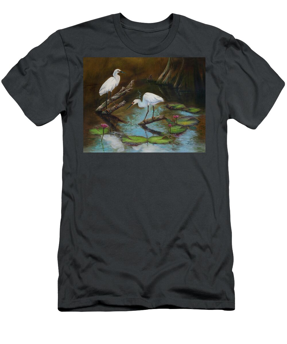 Egrets T-Shirt featuring the painting Two Egrets--Missed Again by Lynne Pittard