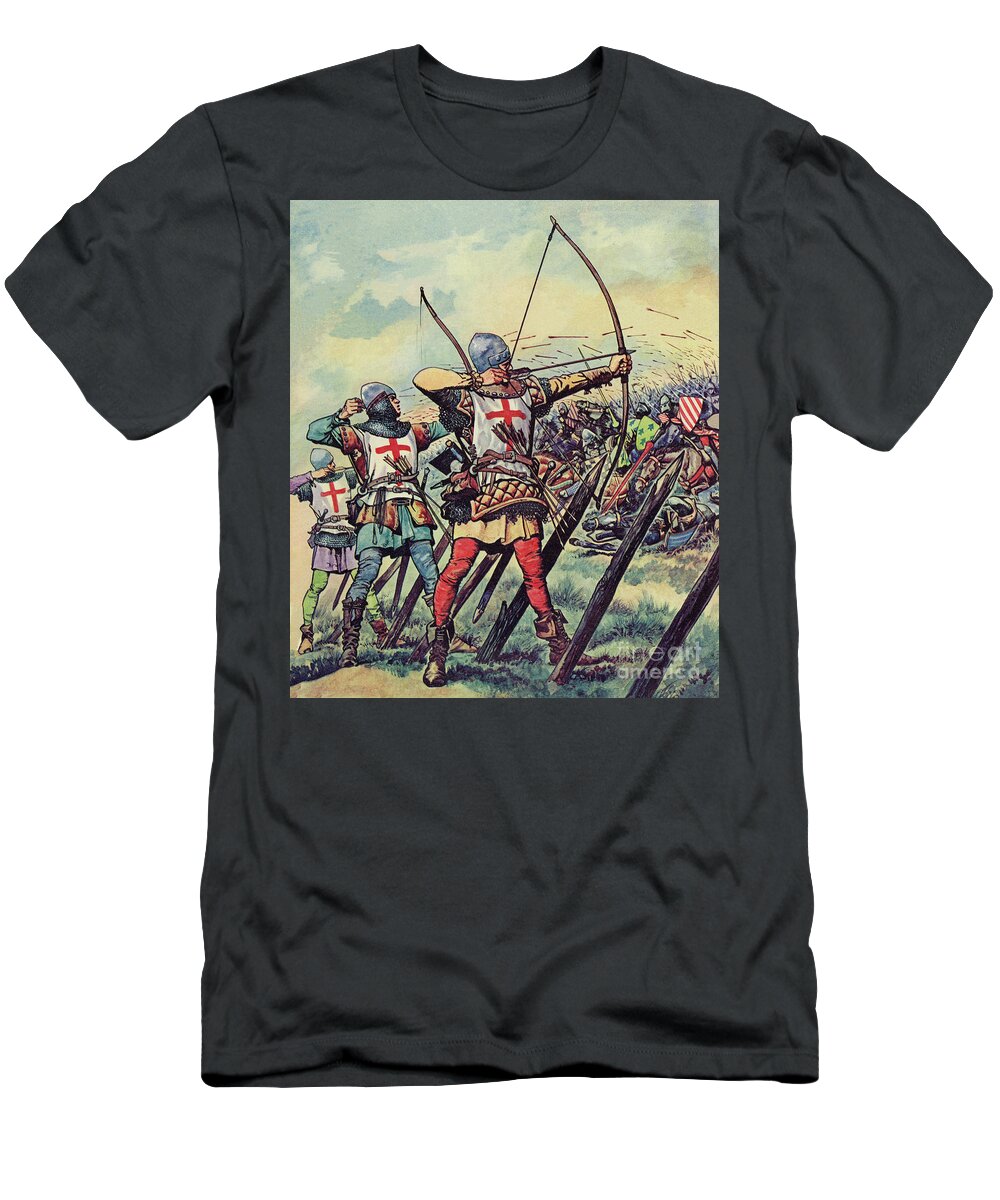 Arrow T-Shirt featuring the painting English bowmen at The Battle Of Crecy by Peter Jackson